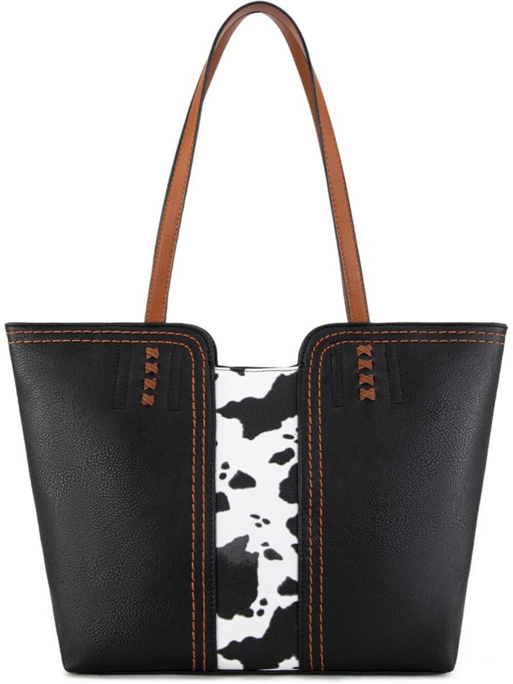 Women's Cow Print Black Vegan Leather Classy Look West Tote Handle Satchel Purse